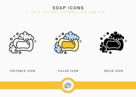 Soap icons set vector illustration with solid icon line style. Bubble foam effervescent concept. Editable stroke icon on isolated background for web design, infographic and UI mobile app.