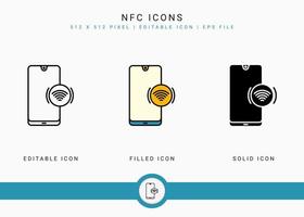 NFC icons set vector illustration with solid icon line style. Wireless payment concept. Editable stroke icon on isolated white background for web design, user interface, and mobile application