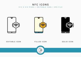 Los iconos nfc establecen una ilustración vectorial con un estilo de línea de icono sólido. concepto de pago inalámbrico. icono de trazo editable sobre fondo blanco aislado para diseño web, interfaz de usuario y aplicación móvil vector