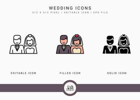 Wedding icons set vector illustration with solid icon line style. Love romance concept. Editable stroke icon on isolated background for web design, user interface, and mobile application