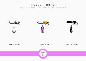Roller icons set vector illustration with solid icon line style. Color tool art concept. Editable stroke icon on isolated background for web design, user interface, and mobile application