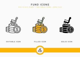 Fund icons set vector illustration with icon line style. Pension fund plan concept. Editable stroke icon on isolated white background for web design, user interface, and mobile application