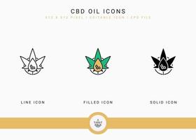 los iconos de aceite cbd establecen una ilustración vectorial con un estilo de línea de icono sólido. concepto de aceite de cannabis de tintura. icono de trazo editable en un fondo aislado para diseño web, interfaz de usuario y aplicación móvil vector