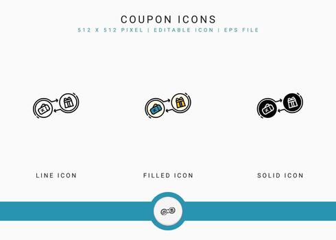 Coupon icons set vector illustration with solid icon line style. Loyalty member reward concept. Editable stroke icon on isolated background for web design, user interface, and mobile app
