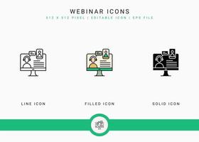 los iconos del seminario web establecen una ilustración vectorial con un estilo de línea de icono sólido. concepto de videoconferencia en línea. icono de trazo editable en un fondo aislado para diseño web, interfaz de usuario y aplicación móvil vector