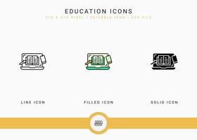 iconos de educación establecer ilustración vectorial con estilo de línea de icono sólido. concepto de seminario web de video en línea. icono de trazo editable en un fondo aislado para diseño web, interfaz de usuario y aplicación móvil vector