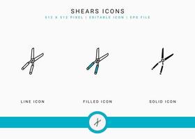 Shears icons set vector illustration with solid icon line style. Plant gardening agriculture concept. Editable stroke icon on isolated background for web design, user interface, and mobile app