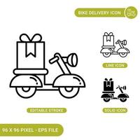 Delivery icons set vector illustration with solid icon line style. Bike deliver food concept. Editable stroke icon on isolated background for web design, infographic and UI mobile app.