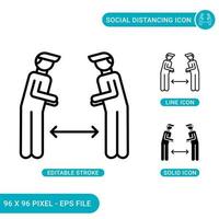 Social distancing icons set vector illustration with solid icon line style. Quarantine measures concept. Editable stroke icon on isolated background for web design, infographic and UI mobile app.