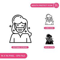 Mouth protect icons set vector illustration with solid icon line style. Woman face mask concept. Editable stroke icon on isolated background for web design, infographic and UI mobile app.