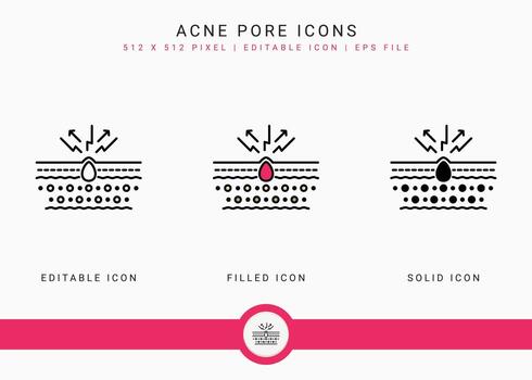iconos de poros de acné establecen ilustración vectorial con estilo de línea de icono sólido. concepto de inflamación de la piel de la capa. icono de trazo editable en un fondo aislado para diseño web, interfaz de usuario y aplicación móvil vector