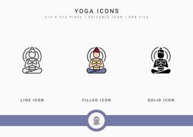 Yoga icons set vector illustration with solid icon line style. Meditating energy concept. Editable stroke icon on isolated background for web design, user interface, and mobile app