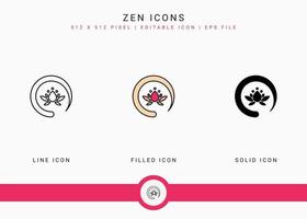 Zen icons set vector illustration with solid icon line style. Meditating energy concept. Editable stroke icon on isolated background for web design, user interface, and mobile app