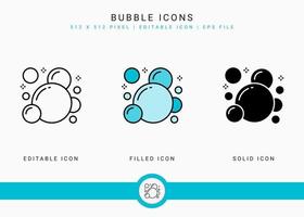 Bubble icons set vector illustration with solid icon line style. Effervescent soap foam concept. Editable stroke icon on isolated background for web design, infographic and UI mobile app.