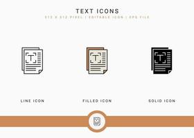 Text icons set vector illustration with solid icon line style. Journalist publication concept. Editable stroke icon on isolated background for web design, user interface, and mobile application