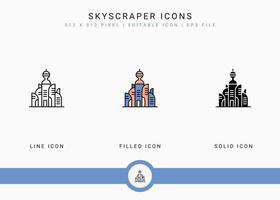 iconos de rascacielos establecen ilustración vectorial con estilo de línea de icono sólido. concepto de construcción de la ciudad. icono de trazo editable en un fondo aislado para diseño web, interfaz de usuario y aplicación móvil vector