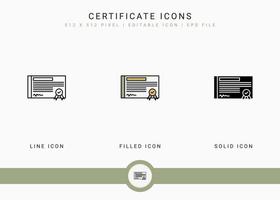 Certificate icons set vector illustration with solid icon line style. Winner award concept. Editable stroke icon on isolated background for web design, user interface, and mobile app