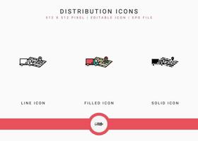 iconos de distribución establecen ilustración vectorial con estilo de línea de icono sólido. concepto de entrega logística. icono de trazo editable en un fondo aislado para diseño web, interfaz de usuario y aplicación móvil vector