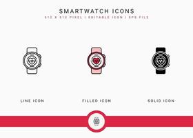 Smartwatch icons set vector illustration with solid icon line style. Electronics smart device concept. Editable stroke icon on isolated background for web design, user interface, and mobile app