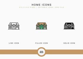 iconos de inicio establecer ilustración vectorial con estilo de línea de icono sólido. concepto de construcción de la ciudad. icono de trazo editable en un fondo aislado para diseño web, interfaz de usuario y aplicación móvil vector