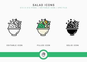 Los iconos de ensalada establecen ilustración vectorial con estilo de línea de icono sólido. concepto de ingredientes veganos saludables. icono de trazo editable sobre fondo blanco aislado para diseño web, interfaz de usuario y aplicación móvil vector