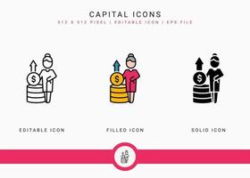 Capital icons set vector illustration with icon line style. Pension fund plan concept. Editable stroke icon on isolated white background for web design, user interface, and mobile application