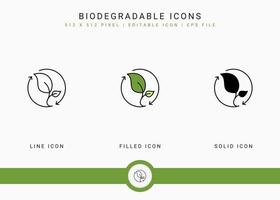 iconos biodegradables establecer ilustración vectorial con estilo de línea de icono sólido. concepto de hojas libres de bpa. icono de trazo editable sobre fondo blanco aislado para diseño web, interfaz de usuario y aplicación móvil vector