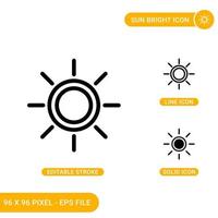 Sun bright icons set vector illustration with solid icon line style. Heat energy intensity concept. Editable stroke icon on isolated background for web design, infographic and UI mobile app.