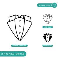 Butler icons set vector illustration with solid icon line style. Tuxedo style concept. Editable stroke icon on isolated background for web design, infographic and UI mobile app.