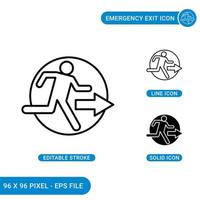 Emergency exit icons set vector illustration with solid icon line style. Fire evacuation sign concept. Editable stroke icon on isolated background for web design, infographic and UI mobile app.