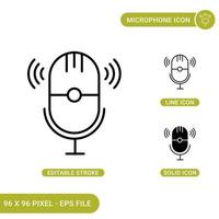 Microphone icons set vector illustration with solid icon line style. Old podcast mic concept. Editable stroke icon on isolated background for web design, infographic and UI mobile app.