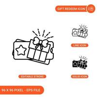 Gift redeem icons set vector illustration with solid icon line style. Bonus prize card concept. Editable stroke icon on isolated background for web design, infographic and UI mobile app.