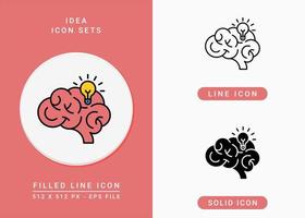 iconos de idea establecen ilustración vectorial con estilo de línea de icono sólido. símbolo de cerebro y bombilla. icono de trazo editable en un fondo aislado para diseño web, interfaz de usuario y aplicación móvil vector