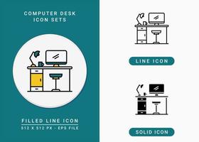 Computer desk icons set vector illustration with solid icon line style. Workspace symbol. Editable stroke icon on isolated background for web design, infographic and UI mobile app.