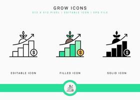 Grow icons set vector illustration with solid icon line style. Business development concept. Editable stroke icon on isolated white background for web design, user interface, and mobile application