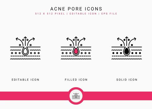 iconos de poros de acné establecen ilustración vectorial con estilo de línea de icono sólido. concepto de inflamación de la piel de la capa. icono de trazo editable en un fondo aislado para diseño web, infografía y aplicación móvil ui. vector