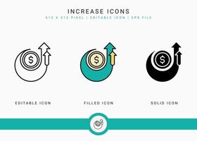 Increase icons set vector illustration with solid icon line style. Business grow development concept. Editable stroke icon on isolated background for web design, infographic and UI mobile app.