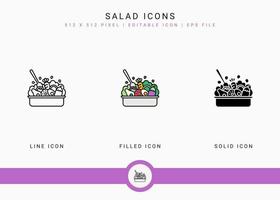 Los iconos de ensalada establecen ilustración vectorial con estilo de línea de icono sólido. concepto de ingredientes veganos saludables. icono de trazo editable sobre fondo blanco aislado para diseño web, interfaz de usuario y aplicación móvil vector