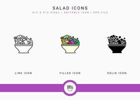 Los iconos de ensalada establecen ilustración vectorial con estilo de línea de icono sólido. concepto de ingredientes veganos saludables. icono de trazo editable sobre fondo blanco aislado para diseño web, interfaz de usuario y aplicación móvil vector