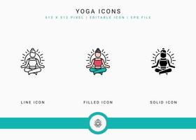 Yoga icons set vector illustration with solid icon line style. Meditating energy concept. Editable stroke icon on isolated background for web design, user interface, and mobile app