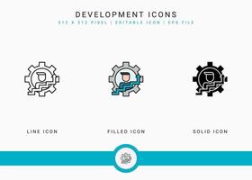 iconos de desarrollo establecer ilustración vectorial con estilo de línea de icono sólido. concepto de progreso de habilidades comerciales. icono de trazo editable en un fondo aislado para diseño web, interfaz de usuario y aplicación móvil vector