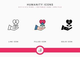 Humanity icons set vector illustration with solid icon line style. Charity give back concept. Editable stroke icon on isolated background for web design, user interface, and mobile application