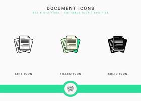 Document icons set vector illustration with solid icon line style. Journalist text publication concept. Editable stroke icon on isolated background for web design, user interface, and mobile app