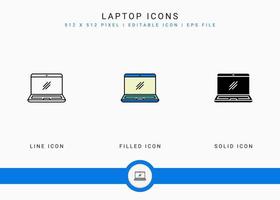 Laptop icons set vector illustration with solid icon line style. Electronics smart device concept. Editable stroke icon on isolated background for web design, user interface, and mobile app