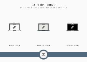 Laptop icons set vector illustration with solid icon line style. Electronics smart device concept. Editable stroke icon on isolated background for web design, user interface, and mobile app