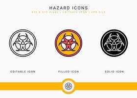 iconos de peligro establecen ilustración vectorial con estilo de línea de icono sólido. concepto de alerta de signo de exclamación. icono de trazo editable en un fondo aislado para diseño web, interfaz de usuario y aplicación móvil vector