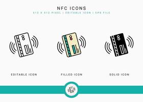 Los iconos nfc establecen una ilustración vectorial con un estilo de línea de icono sólido. concepto de pago inalámbrico. icono de trazo editable en un fondo aislado para diseño web, interfaz de usuario y aplicación móvil vector