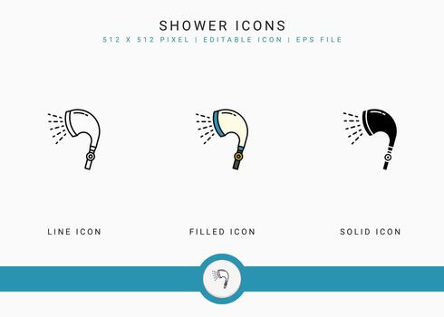 Shower icons set vector illustration with icon line style. Shower sprinkler bathroom concept. Editable stroke icon on isolated white background for web design, user interface, and mobile application