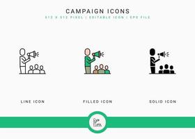 Campaign icons set vector illustration with solid icon line style. Government public election concept. Editable stroke icon on isolated background for web design, user interface, and mobile app