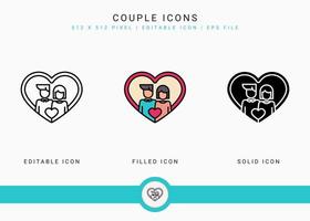 Couple icons set vector illustration with solid icon line style. Wedding love romance concept. Editable stroke icon on isolated background for web design, user interface, and mobile application